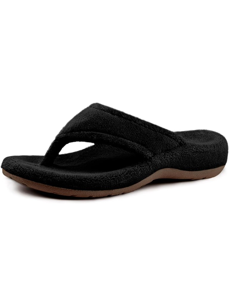 Women's Black Flip Flop Slippers With Arch Support Orthotic Insole Fuzzy Slides